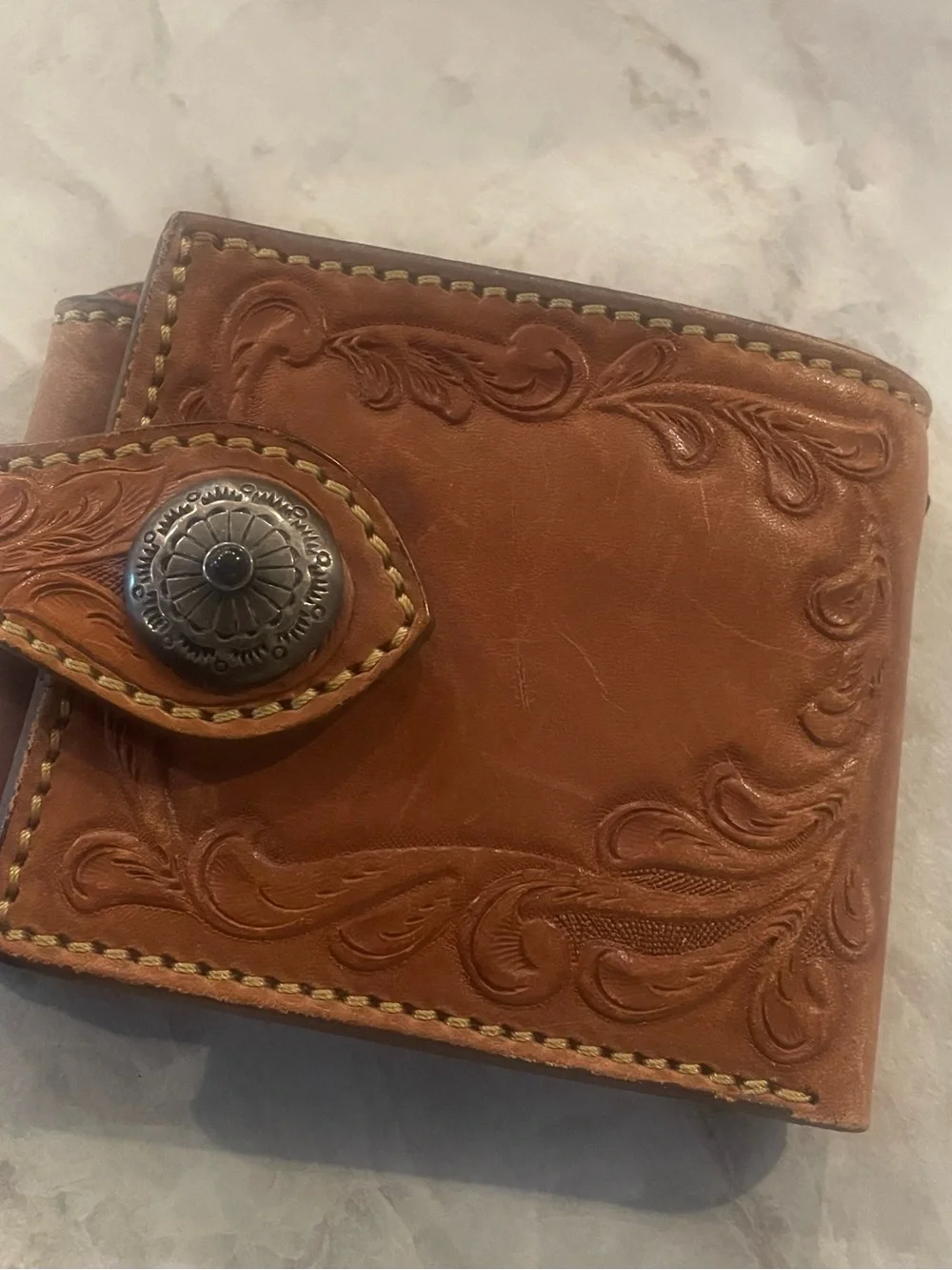 Men's Tooled Leather Wallet with Snap Closure - Brown